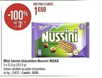 Géant Casino Mini barres biscuitées nussini milka offre