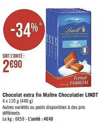 Géant Casino Chocolat extra fin maître chocolatier lindt offre