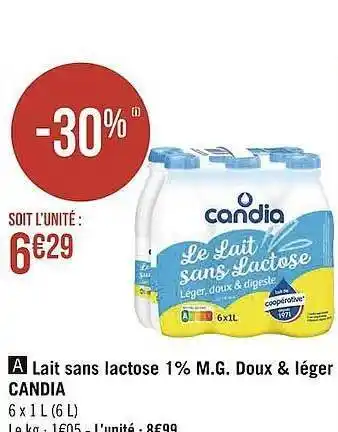 Géant Casino Lait sans lactose 1% m.g. doux & léger candia offre