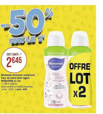 Géant Casino Déodorant atomiseur compressé fleur de coton toute légère monsavon au lait offre