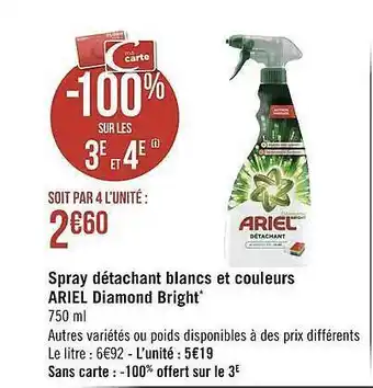 Géant Casino Spray détachant blancs et couleurs ariel diamond bright offre