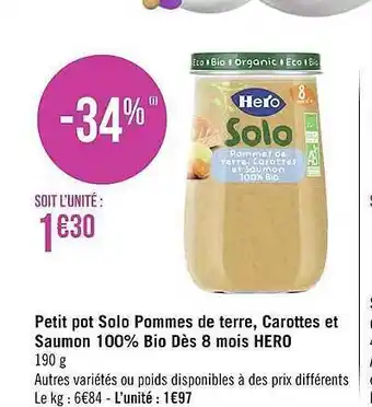 Géant Casino Petit pot solo pommes de terre, carottes et saumon 100% bio dès 8 mois hero offre