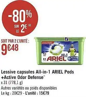 Géant Casino Lessive capsules all-in-1 ariel pods + active odor defense offre