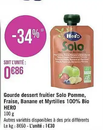 Géant Casino Gourde dessert fruitier solo pomme, fraise, banane et myrtilles 100% bio hero offre