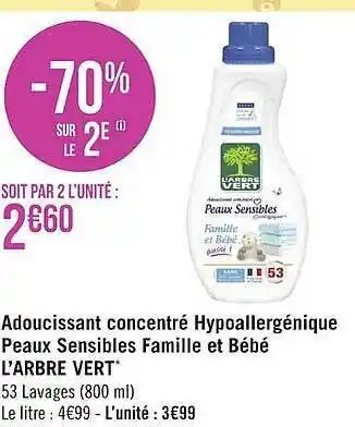 Géant Casino Adoucissant concentré hypoallergénique peaux sensibles famille et bébé l'arbre vert offre