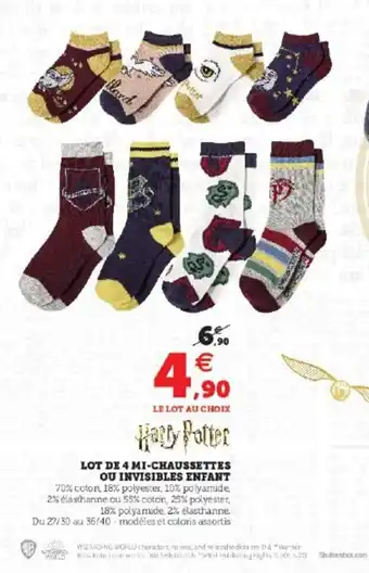 Super U Harry Potter Lot de 4 Mi-Chaussettes Ou Invisibles Enfant offre