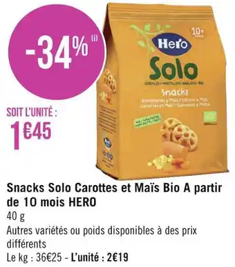 Hero snacks solo carottes et maïs bio a partir de 10 mois
