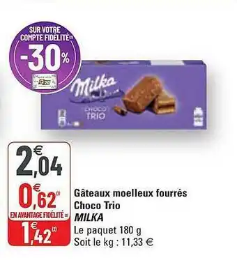 G20 Gâteaux Moelleux Fourrés Choco Trio Milka offre