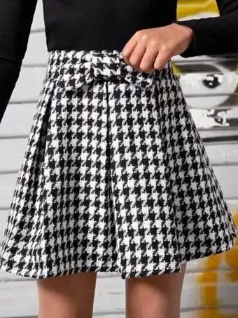 SheIn Shein fille jupe à pied-de-poule à détail plié à nœud papillon offre