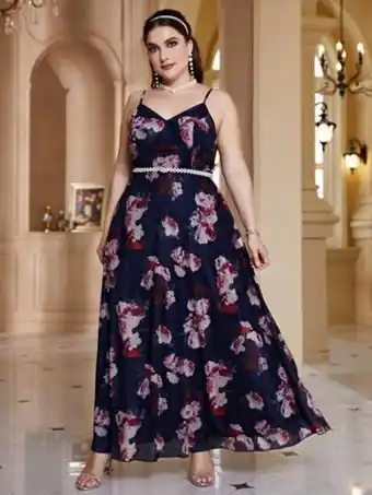 Robe longue à fines brides à imprimé floral ceinturé