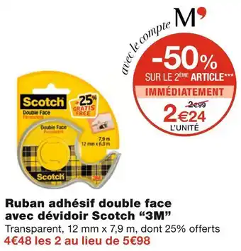 Monoprix 3m ruban adhésif double face avec dévidoir scotch offre