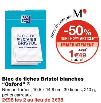 Monoprix Oxford bloc de fiches bristol blanches offre