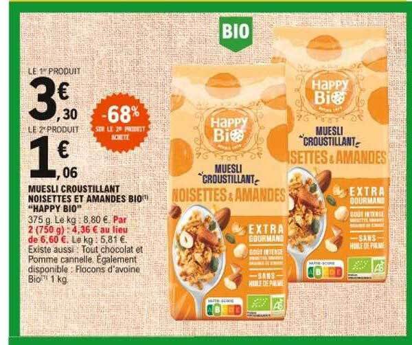 Promo Muesli croustillant noisettes et amandes bio chez E.Leclerc