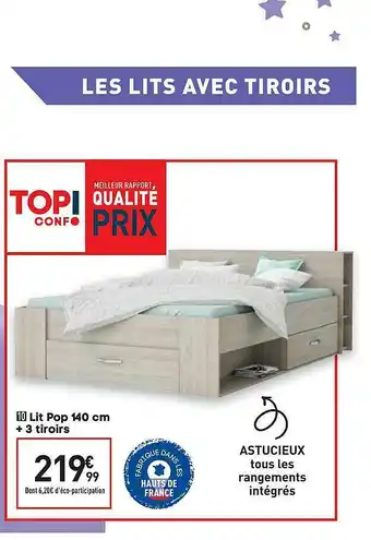 Conforama Lit Pop 140 Cm + 3 Tiroirs offre