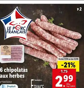 Lidl 6 Chipolatas Aux Herbes offre