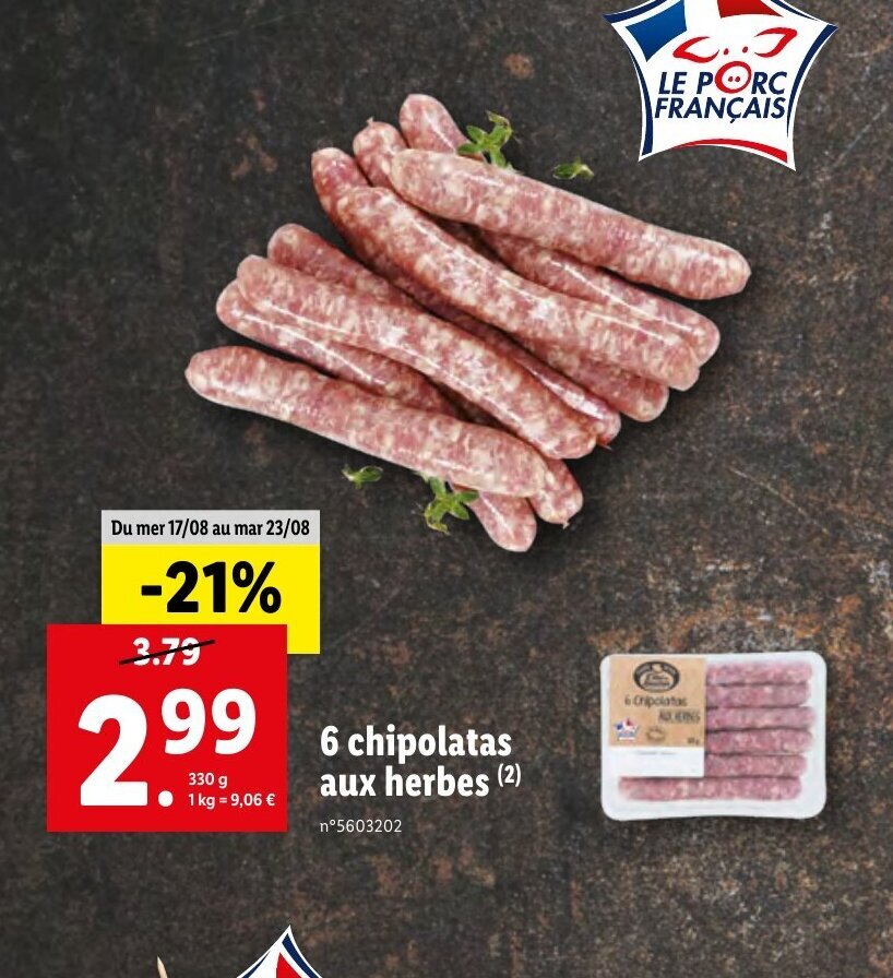 Promo 6 Chipolatas Aux Herbes chez Lidl