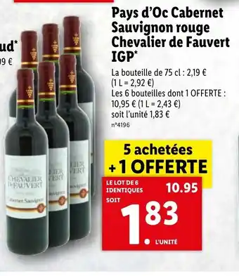 Lidl Pays D'Oc Cabernet Sauvignon Rouge Chevalier De Fauvert IGP* offre