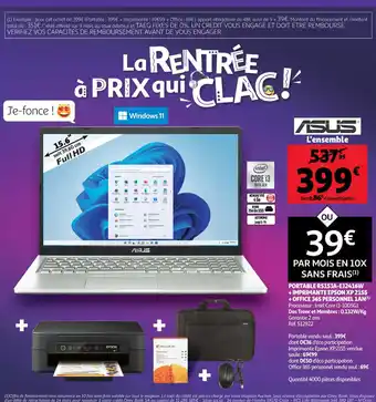 Auchan Asus Portable R515JA-EJ2416W Imprimante Epson XP 2155 Office 365 Personnel 1An offre