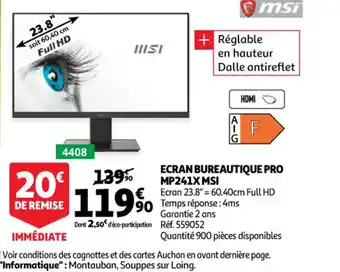 Auchan Ecran Bureautique Pro MP241XMSI offre