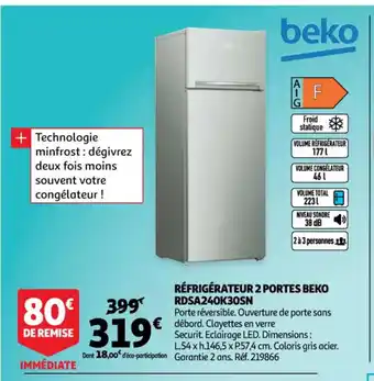 Auchan Beko Réfrigérateur 2 Portes Beko RDSA240K30SN offre
