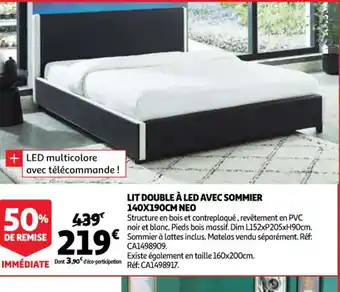 Auchan Lit Double à Led Avec Sommier 140x190cm Neo offre