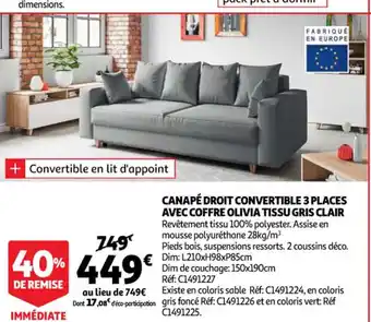 Auchan Canapé Droit Convertible 3 Places Avec Coffre Olivia Tissu Gris Clair offre