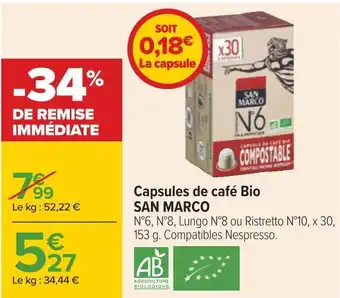 Carrefour San marco capsules de café bio offre