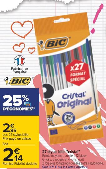 Carrefour Bic 27 stylos bille "cristal" offre