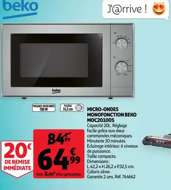 Auchan Beko Micro-Ondes Monofonction Beko MOC20100S offre