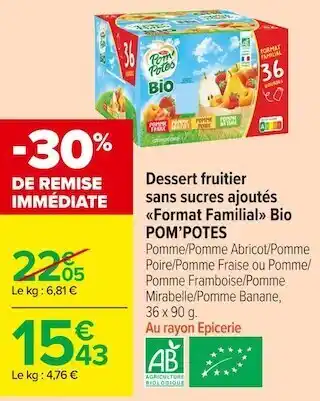 Carrefour Market Pom’potes dessert fruitier sans sucres ajoutés format familial bio offre
