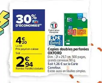 Carrefour Copies doubles perforées oxford offre