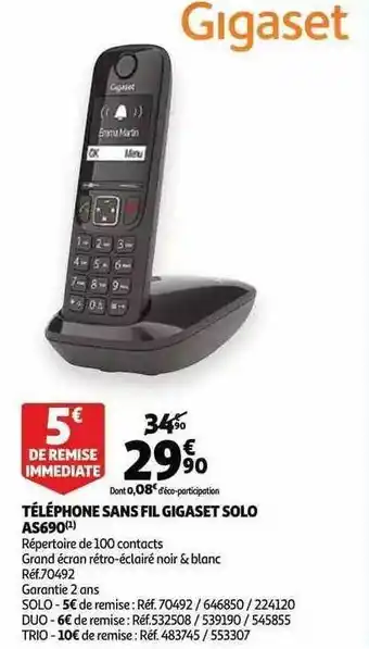 Auchan Téléphone sans fil gigaset solo as690 offre