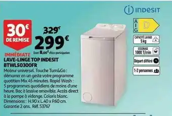 Auchan Lave-linge top indesit btwl50300fr offre