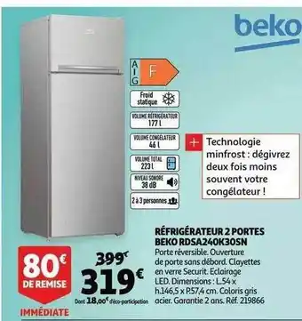 Auchan Réfrigérateur 2 portes beko rdsa240k30sn beko offre