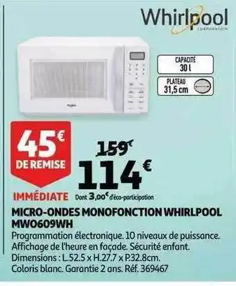 Auchan Micro-ondes monofonction whirlpool mw0609wh offre