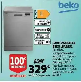 Auchan Lave-vaisselle beko lpa65s2 offre