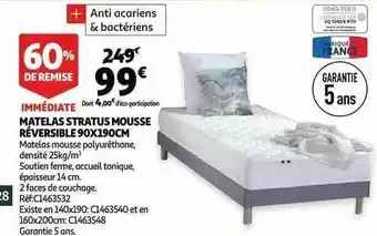 Auchan Matelas stratus mousse réversible 90 x 190 cm offre