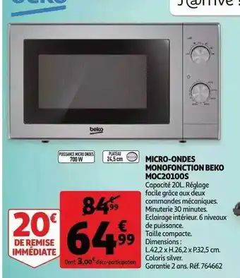 Auchan Micro-ondes monofonction beko moc20100s beko offre