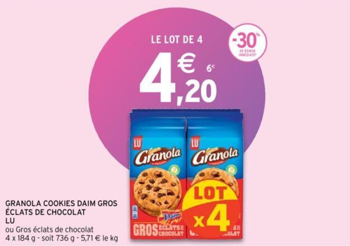 Promo LU granola cookies daim gros éclats de chocolat chez Intermarché