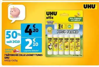 Auchan 7 bâtons de colle looney tunes uhu offre
