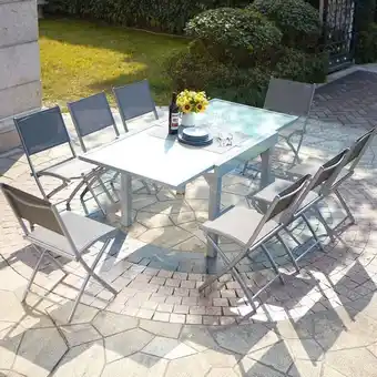 Molvina 8 : table de jardin extensible en aluminium 8 personnes + 8 chaises