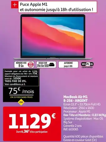 Auchan Apple macbook air m1 8-256 - argent offre
