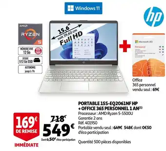 Auchan Hp portable 15s-eq2061nf + office 365 personnel 1 an offre