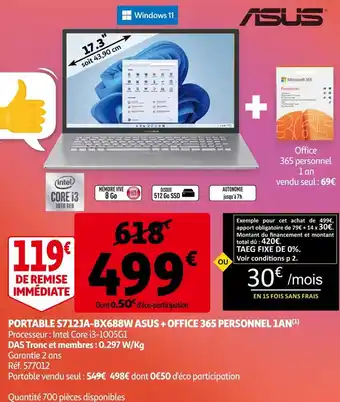 Auchan Asus portable s712ja-bx688w + office 365 personnel 1an offre