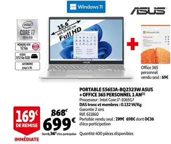 Auchan Asus portable s565ja-bq2323w + office 365 personnel 1 an offre