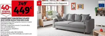 Auchan Canapé droit convertible 3 places avec coffre olivia tissu gris clair offre