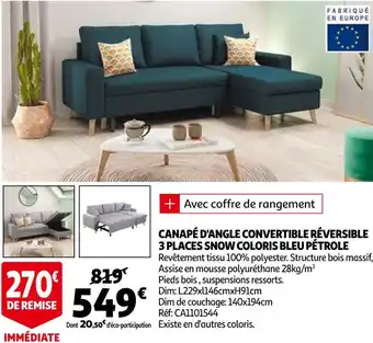 Auchan Canapé d'angle convertible réversible 3 places snow coloris bleu pétrole offre