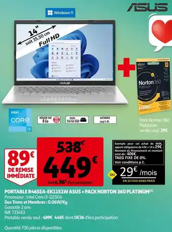 Auchan Asus portable r465ea-ek1151w + pack norton 360 platinum offre