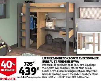 Auchan Lit mezzanine 90x200cm avec sommier bureau et penderie hyva offre