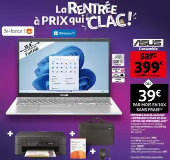 Auchan Asus / epson portable r515ja-ej2416w + imprimante epson xp 2155 + office 365 personnel 1an offre